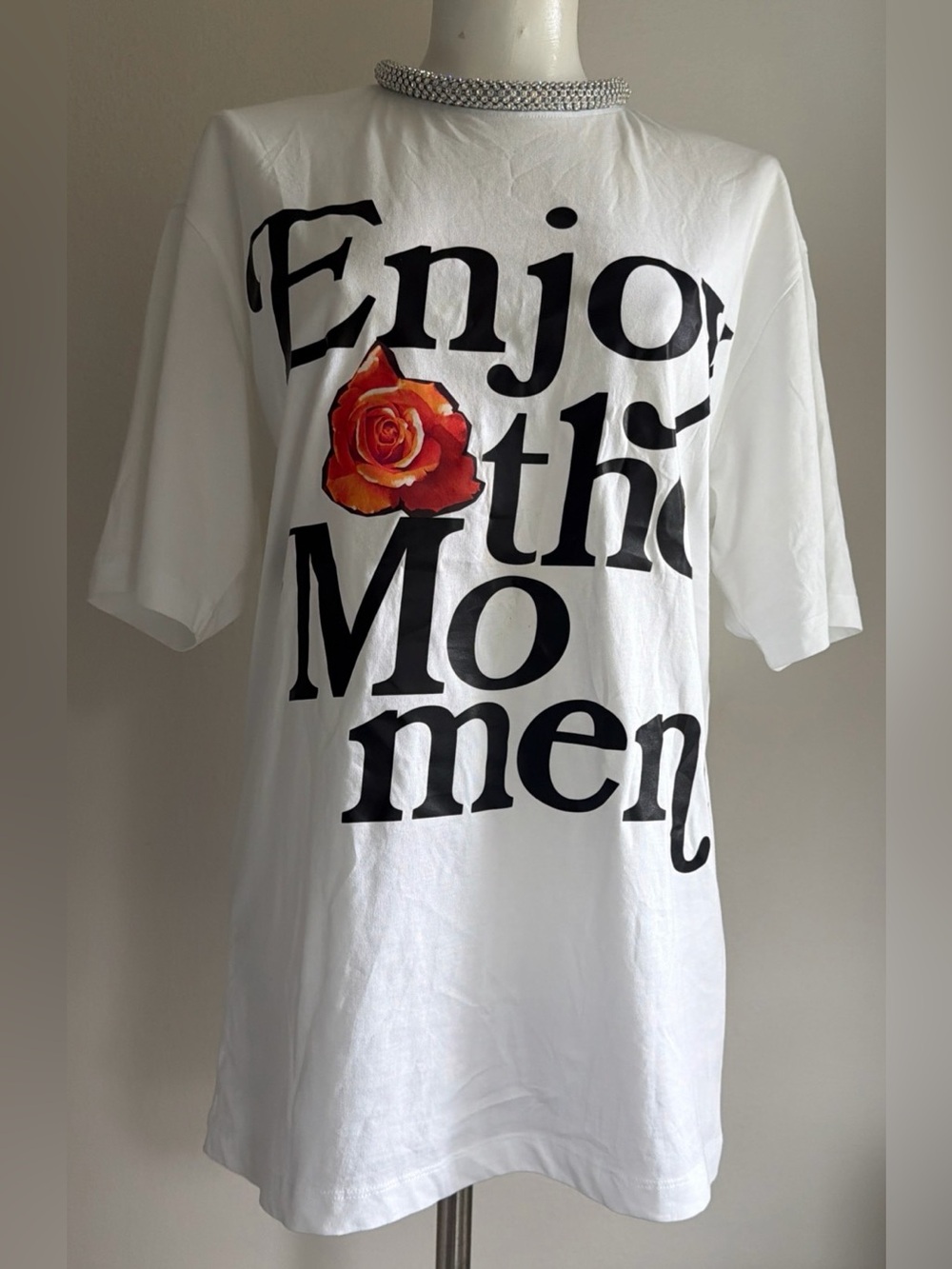 3.1 Phillip Lim White Graphic Tee with Orange-Red Rose Embellished Collar